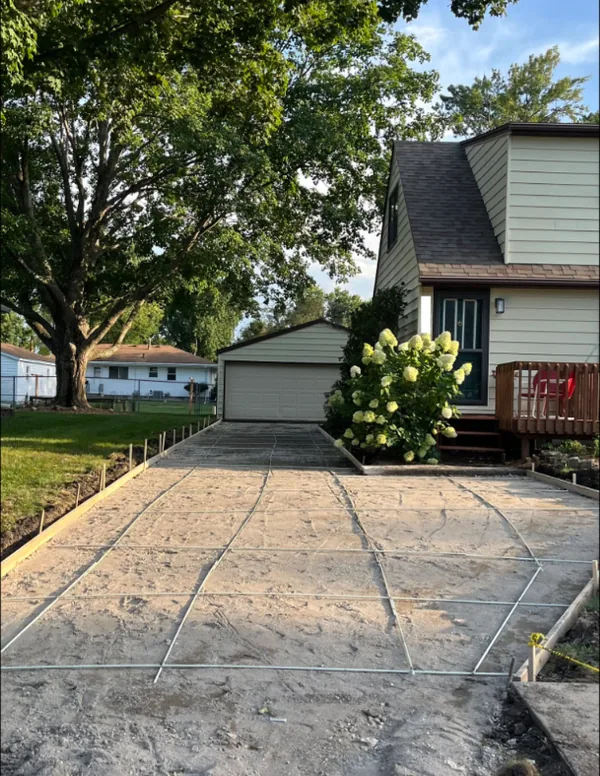 Rebar grid set in forms for a new concrete driveway, Medina Concrete job