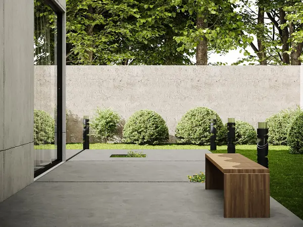 Backyard concrete patio with a wooden bench (stock photo)